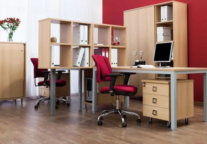 Office workstation desks with storage shelves