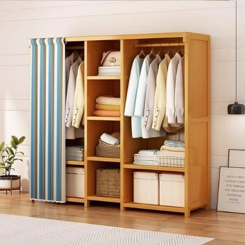 Compact Wooden Wardrobe with Curtain