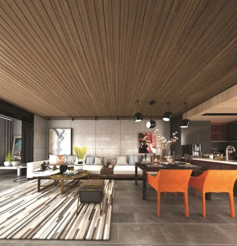 Executive soffit ceiling with premium wood inlay