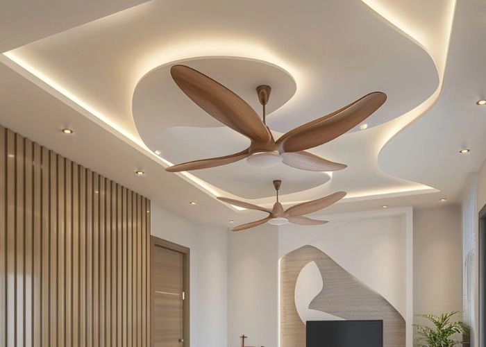 Floating gypsum ceiling with blue LED lighting