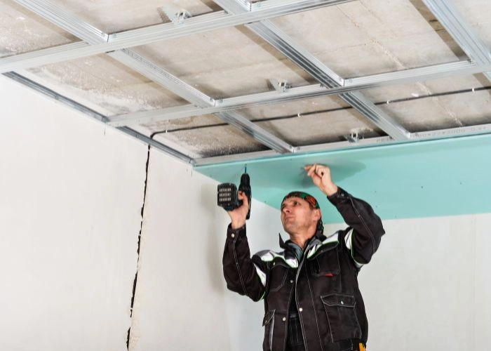 Modern living room with white soffit ceiling