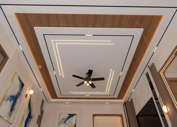 Living area with wooden slat and gypsum combination