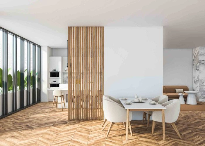 Professional wooden divider in a Dubai office reception.