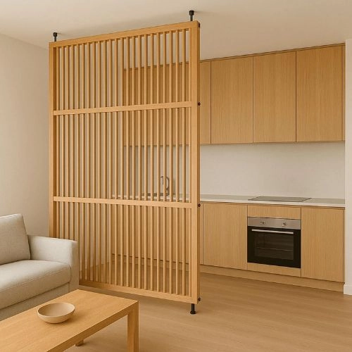 Laser-cut wooden divider with unique patterns.