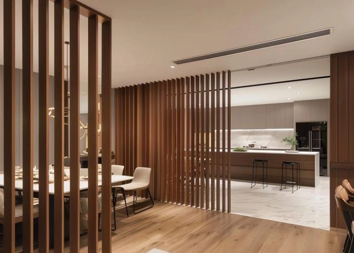 Vertical wood slats at a Dubai apartment entrance.