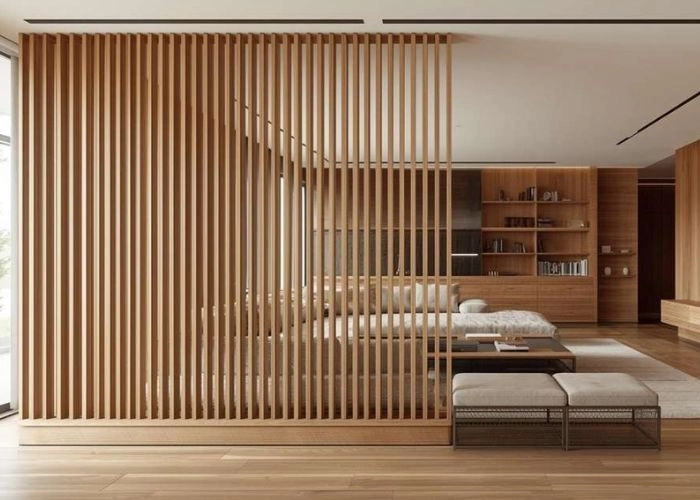 Decorative wooden divider in home.