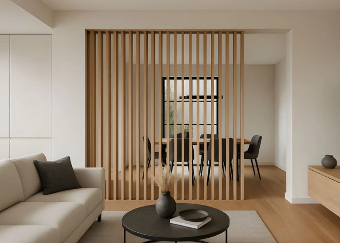 Light colored wooden slats at home entryway.