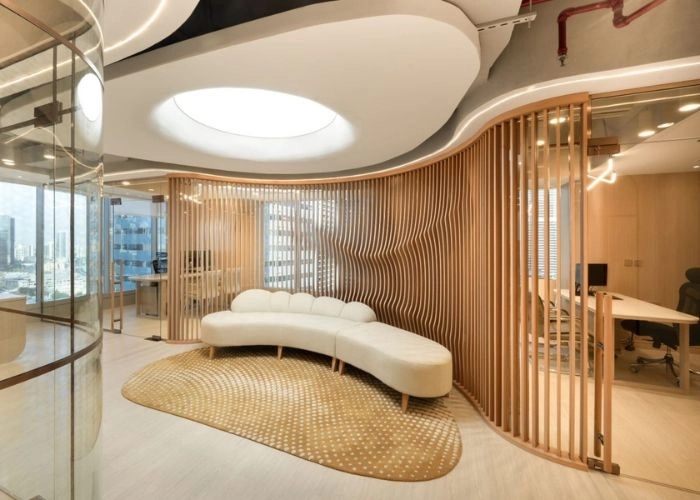 Modern wood frame with glass panels at entrance.