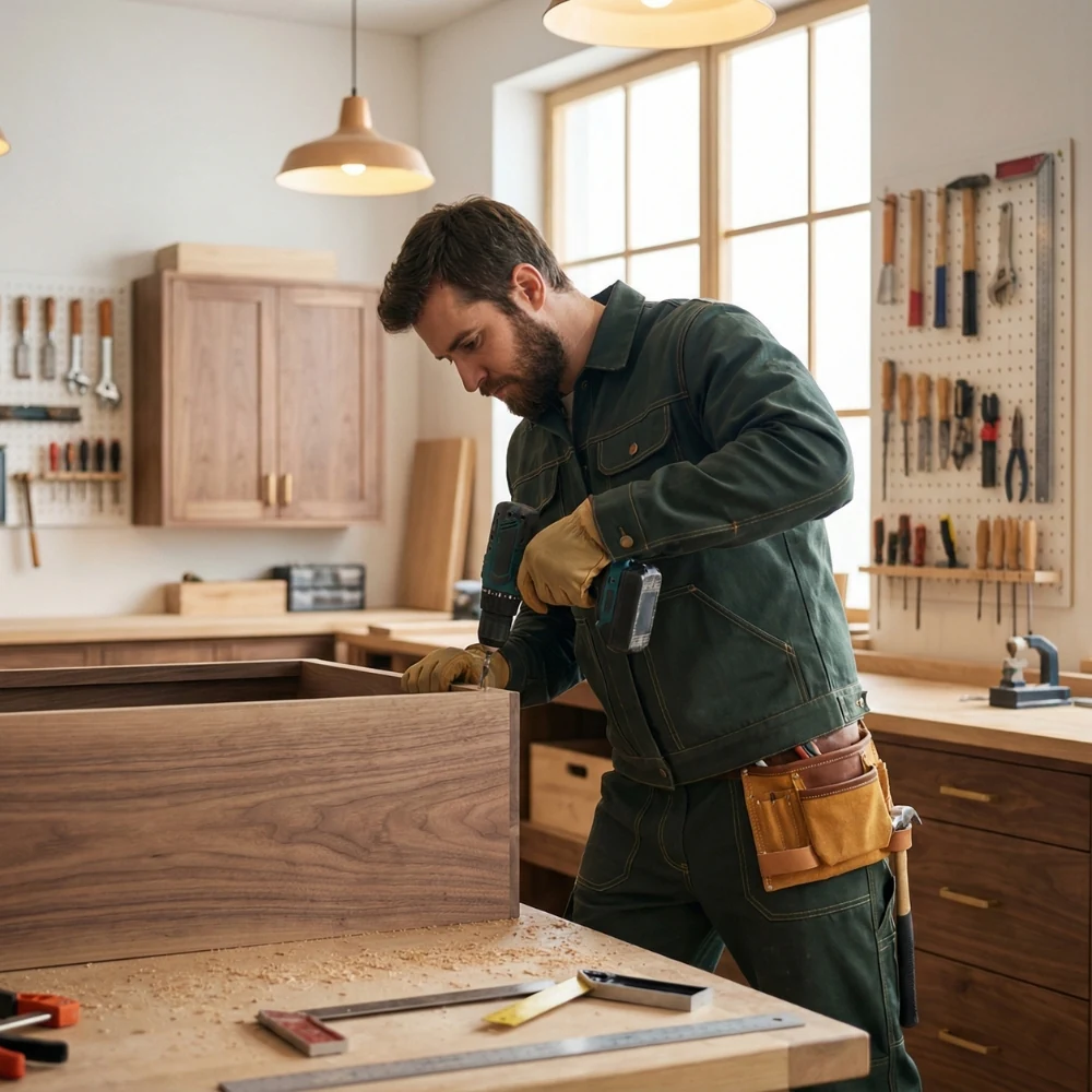 Woodworker using drill on wooden cabinet